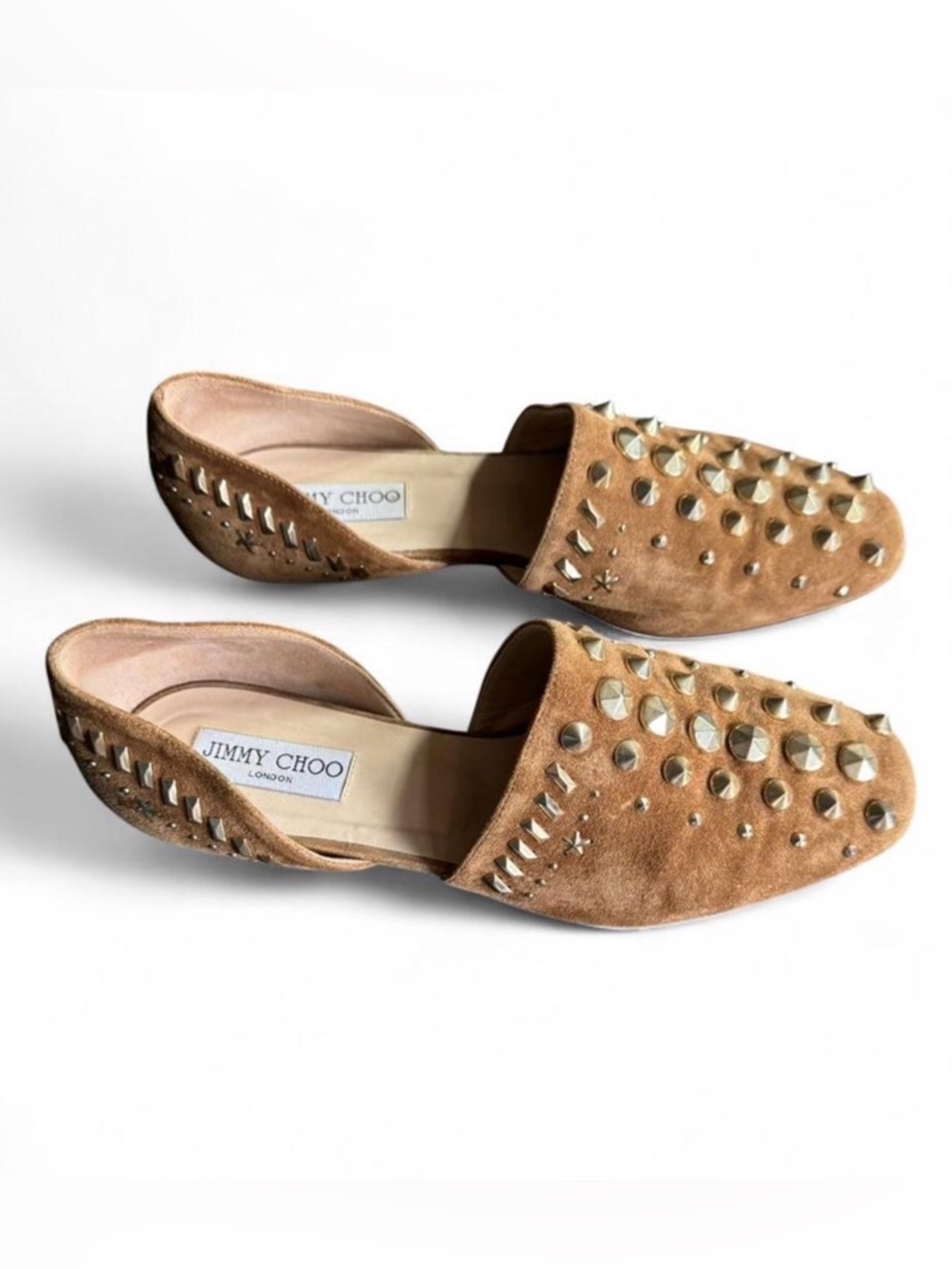 Jimmy Choo Studded Suede Mules Tan Leather Flats Pointed Toe Loafer 8.5 Edgy - Picture 3 of 8
